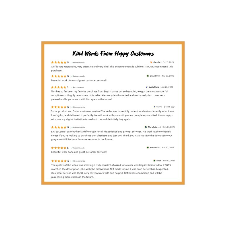 May include: A tan-colored graphic with the text "Kind Words From Happy Customers" at the top. The graphic displays customer reviews with 5-star ratings and positive comments about a seller's work and customer service.