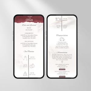 May include: Two smartphone screens displaying digital wedding invitation details. The left screen shows date, location, and timeline with icons. The right screen lists transportation and accommodation information with hotel addresses and reservation buttons.