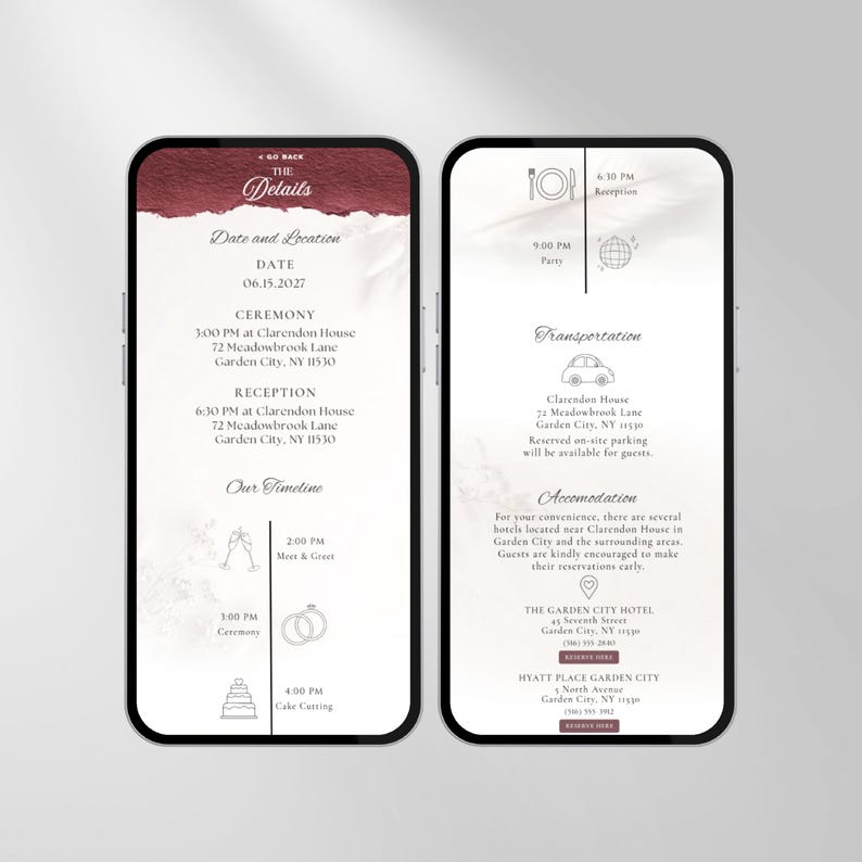 May include: Two smartphone screens displaying digital wedding invitation details. The left screen shows date, location, and timeline with icons. The right screen lists transportation and accommodation information with hotel addresses and reservation buttons.