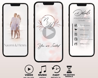 May include: A digital wedding invitation with a watercolor background and a play button. The invitation includes the couple's names, "Naomi & Henry", the date and time of the ceremony, cocktail hour, dinner, speeches, and party time. The invitation also includes the venue address and name, "228 Rue de Rivoli, 75001, Paris "Le Meurice"".