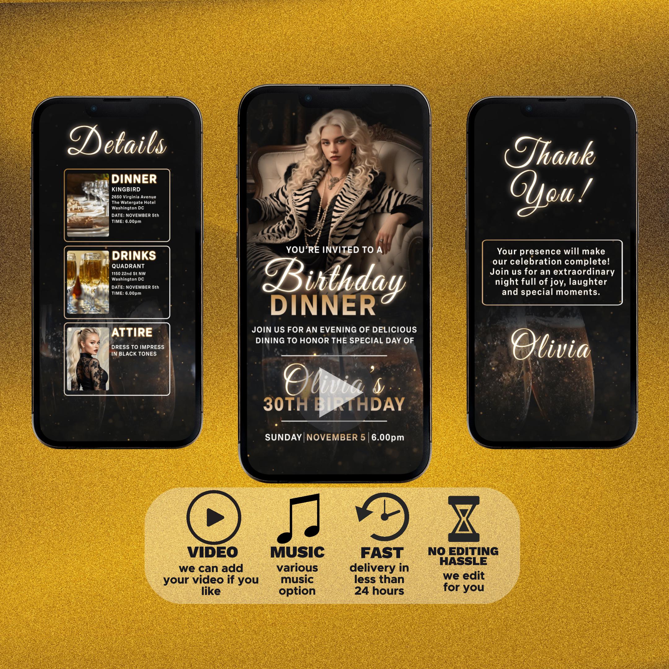 Birthday Dinner Video Invitation, Customizable Birthday Invitation, Digital Birthday Party Video Invitation