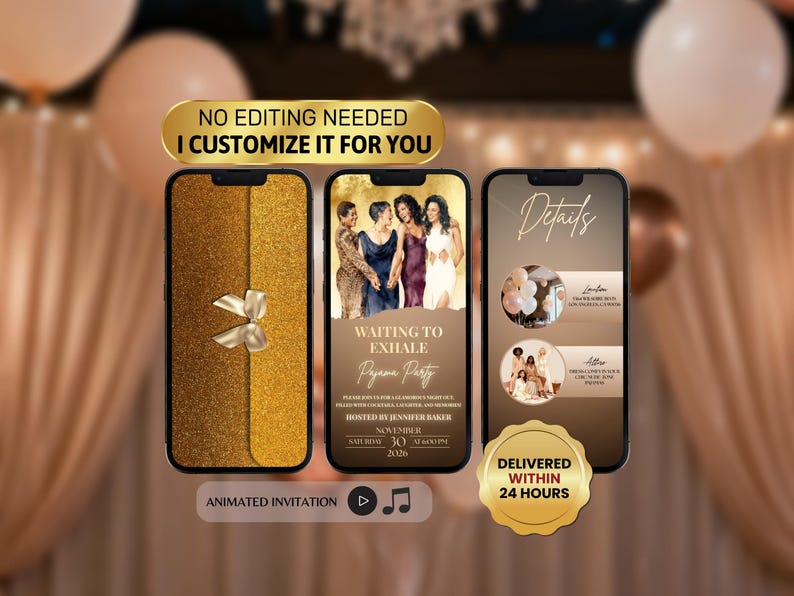 Elegant Gold Envelope Opening Animation, Girls Night To Exhale Invitation, Waiting to Exhale Party Invitation, Ladies Night Pajama Party Evite, Cocktails And Laughter Digital Invite, Luxury Gold Theme Video Invitation, Friendship Celebration, Glamorous Night Out Digital Invite, Classy Elegant Party Invitation, Animated Party Invitation, Elegant Party Invite, Luxury Invitation, Slumber Party Invitation