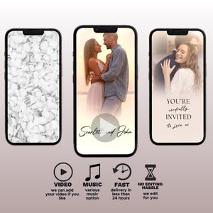 May include: A digital wedding invitation with a photo of a couple on a beach at sunset. The text "Scarlet and John" is displayed below the photo. The invitation includes a video option, music option, fast delivery in less than 24 hours, and no editing hassle.