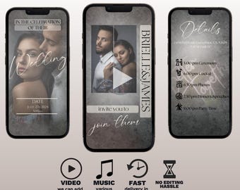 Puede incluir: Una invitación de boda digital con una foto de una pareja, un botón de reproducción y el texto "Brielle & James" en un cuadro vertical con rayas blancas y negras. La invitación incluye la fecha, la hora y el lugar de la boda. El texto "invite you to join them" está debajo de la foto. La invitación también incluye iconos para video, música, entrega rápida y sin problemas de edición.