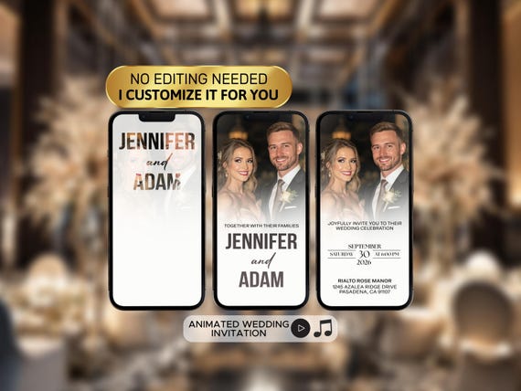 Animated Wedding Invitation, Digital Customizable Invite, Elegant Evite with Special Effects