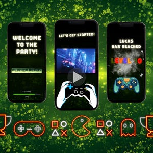 May include: Three smartphones displaying gaming-themed graphics. The screens show phrases like "Welcome to the Party!" and "Let's Get Started!" with a controller graphic. The background is a neon green with gaming icons.