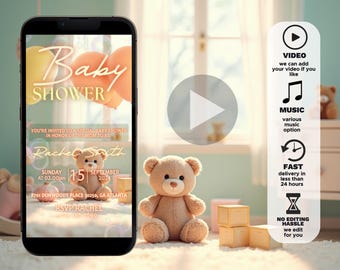 May include: A digital invitation for a baby shower with a teddy bear and balloons. The invitation says "Baby Shower" and includes the name "Rachel Smith", the date "Sunday, September 15, 2024", and the time "at 02:00pm".