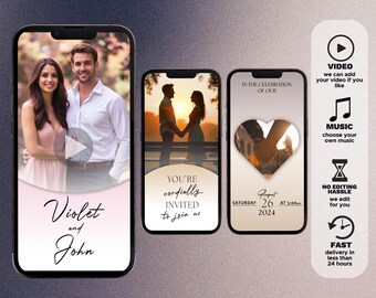 May include: A digital invitation for a wedding with a photo of the couple in a pink and white frame. The text reads "Violet and John" and "You're cordially invited to join us". The invitation also includes a date and time for the wedding, "Saturday, August 26, 2024 at 5:00 pm".