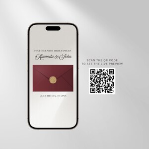 May include: A smartphone displaying a digital wedding invitation with the text Together with their families Amanda & John, featuring a dark red envelope with a gold wax seal. Next to the phone is a QR code with the text Scan the QR code to see the live preview.