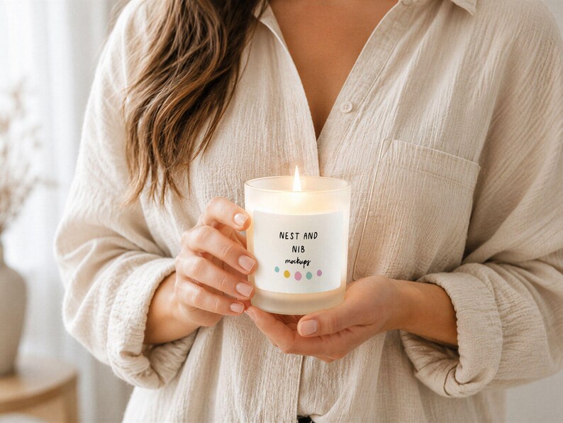 May include: A lit candle in a frosted glass jar. The candle has a white label with the text "NEST AND NIB mockups" and colorful dots. The candle is held by a person wearing a beige button-down shirt.