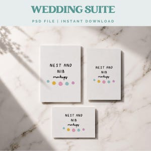 May include: A mockup of a wedding suite with three white cards of varying sizes. The cards have the text "NEST AND NIB mockups" in black, with colorful dots below. The top of the image reads "WEDDING SUITE" and "PSD FILE | INSTANT DOWNLOAD".