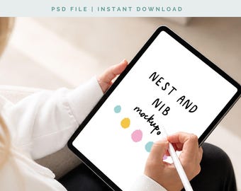 iPad Mockup PSD PNG | Woman Drawing on Tablet with Pencil | Canva Compatible | Over Shoulder Lifestyle | Instant Download