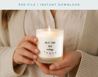 Candle Label Mockup PSD Hands Holding 11oz Frosted Candle Cozy Lifestyle Printed Mint Smart Object Instant Download