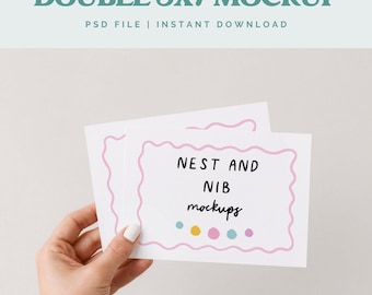 Horizontal Card Mockup PSD Hand Holding 5x7 Landscape Greeting Cards Pair Minimal Lifestyle Smart Object Instant Download