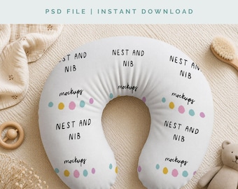 Nursing Pillow Cover Mockup PSD Baby Nursery Flat Lay Printify Pillow Smart Object Instant Download