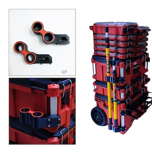 May include: A black and orange dual-ring tool holder attachment designed for a modular storage system. The set includes two separate units, shown both individually and mounted to the side of a stacked red and black rolling tool box tower.