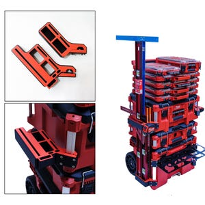 May include: A set of two red and black L-shaped tool storage brackets designed to attach to a vertical rolling tool box system. The brackets feature rectangular cutouts and are shown both detached and mounted on the side of a red tool stack.