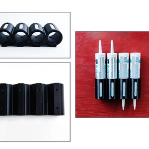 May include: A black plastic wall-mounted storage rack with four cylindrical slots designed to hold standard caulk tubes. The rack features a series of pre-drilled holes for mounting and is shown holding four white and blue tubes of Alex Plus caulk.