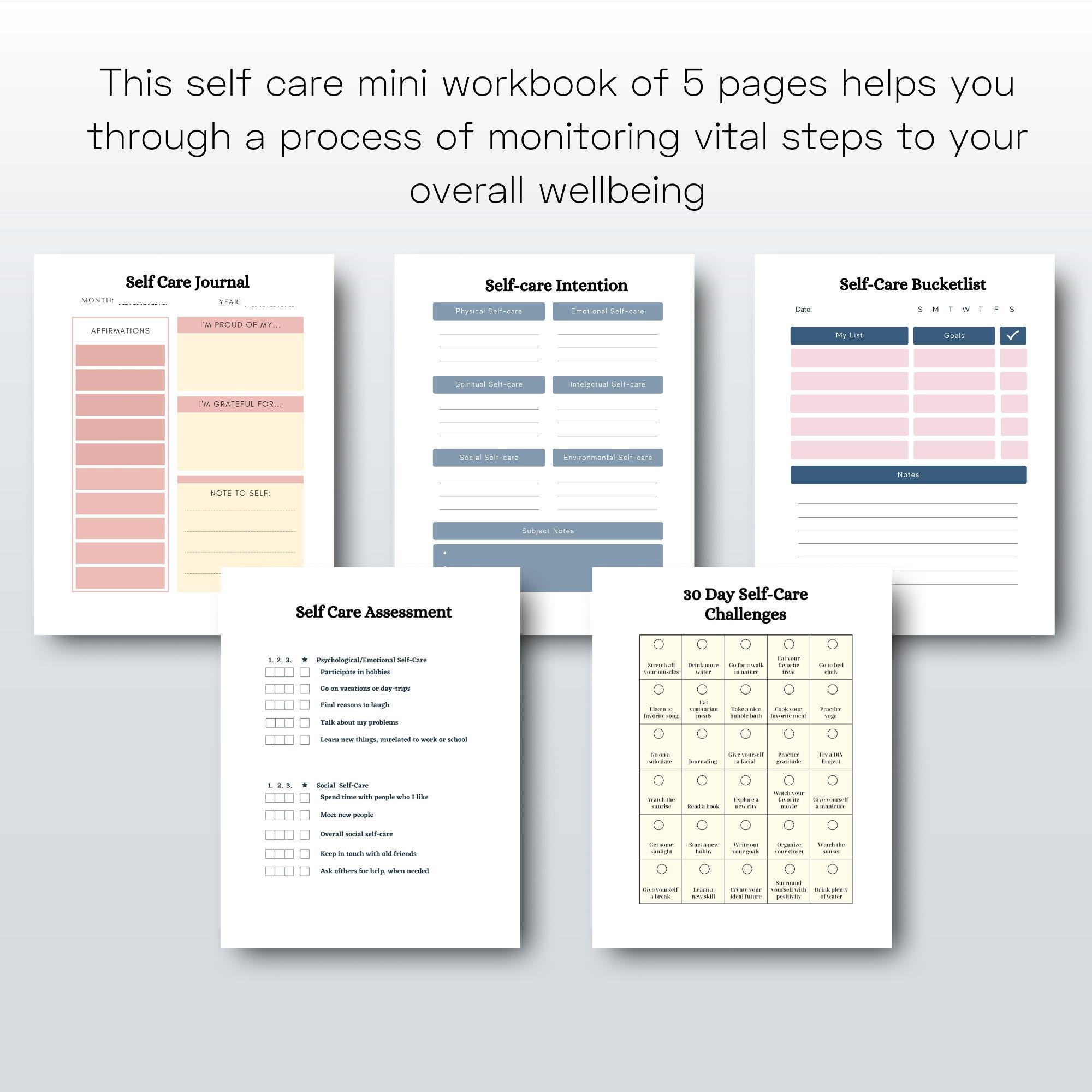 Self Care Planner Printable Editable Worksheets (5 Pages), Self Care