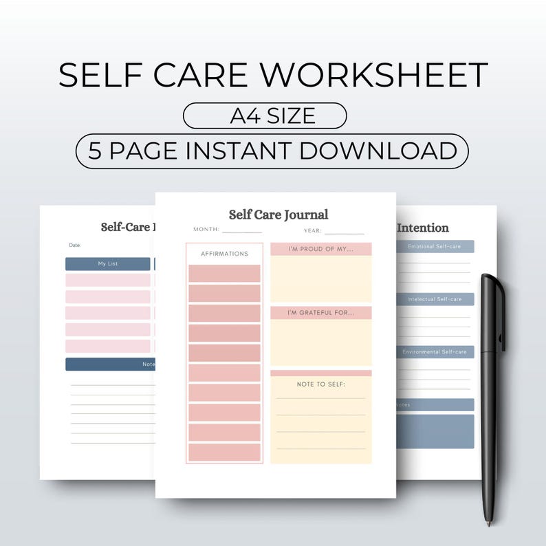 Self Care Planner Printable Editable Worksheets (5 Pages), Self Care