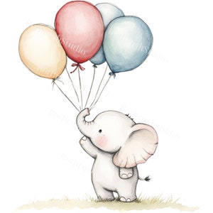Baby Elephant Clipart - Cute Pencil Drawn PNG 300dpi with Balloons, 4500x4500px, Adorable Nursery Decor, Instant Download