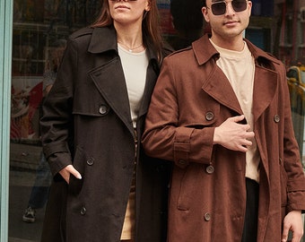 Oversized Trench Coat Unisex, 80s Vintage Retro Style, Shoulder Padded, Long Belted Trenchcoat
