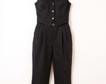 Women's Black Linen Two-Piece Suit - Retro Vest and Palazzo Trousers