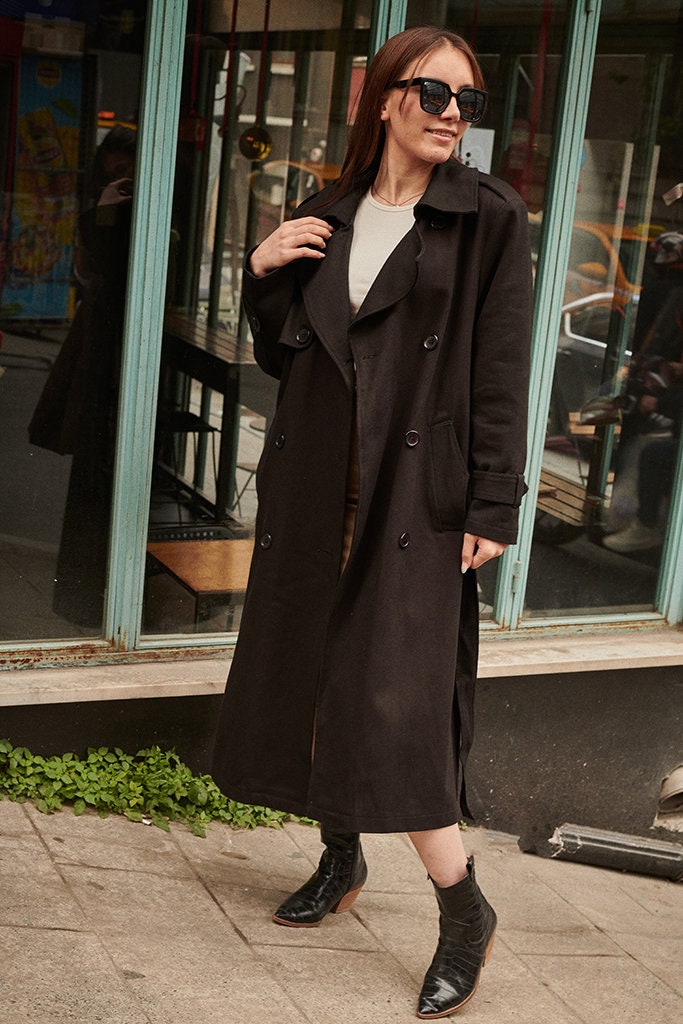 ジャケット・アウター 80s Vintage Flare Design Super Long Coat Unisex Oversized Black Trench Coat - 80s Vintage Style
