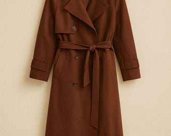 Oversized Trench Coat Brown Unisex - 80s Vintage Style, Shoulder Padded, Long Belted Trenchcoat