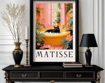 Schwarze Katze in Badewanne und Toilette Poster: Matisse Style Badezimmer Wandkunst.  Bunter moderner Druck für Badezimmer oder Wohnkultur (c044)