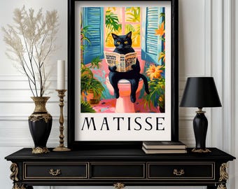 Schwarze Katze in Badewanne und Toilette Poster: Matisse Style Badezimmer Wandkunst.  Bunter Kunstdruck für Badezimmer oder Wohndekor (c020)