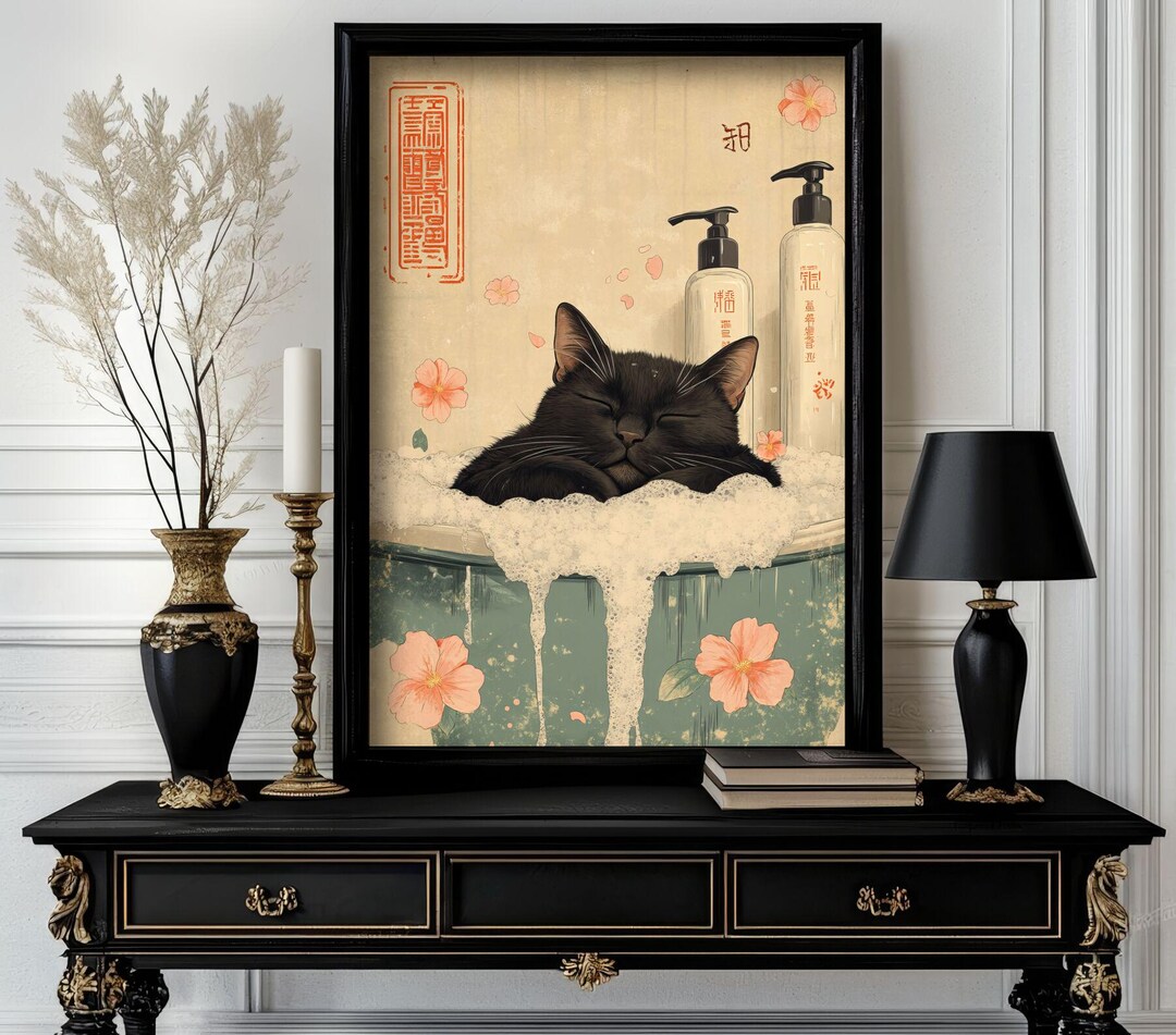 Funny Japanese Animal Cat Wall Art — Cute Ukiyo-e Style Print for ...