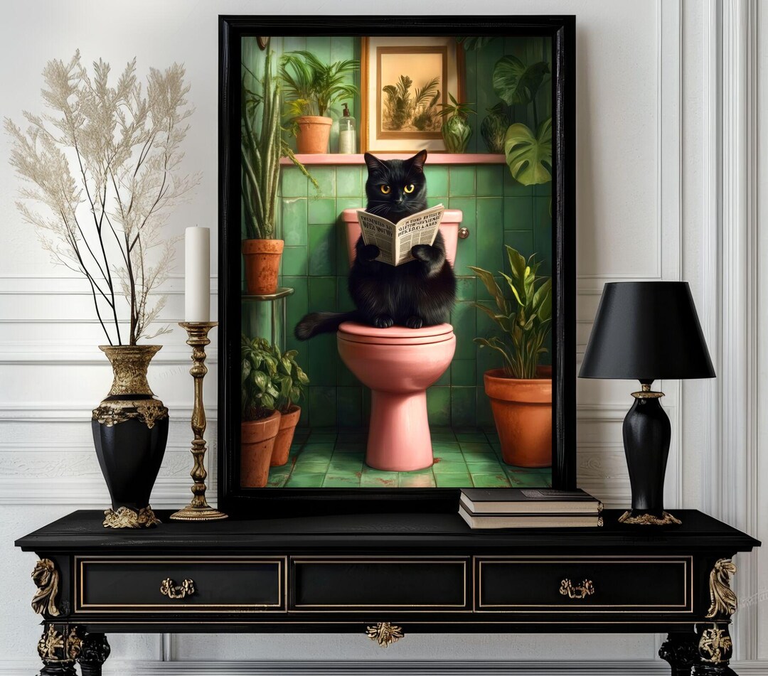Funny Animals Print, Funny Black Cat Bathroom Wall Art Decor, Toilet ...