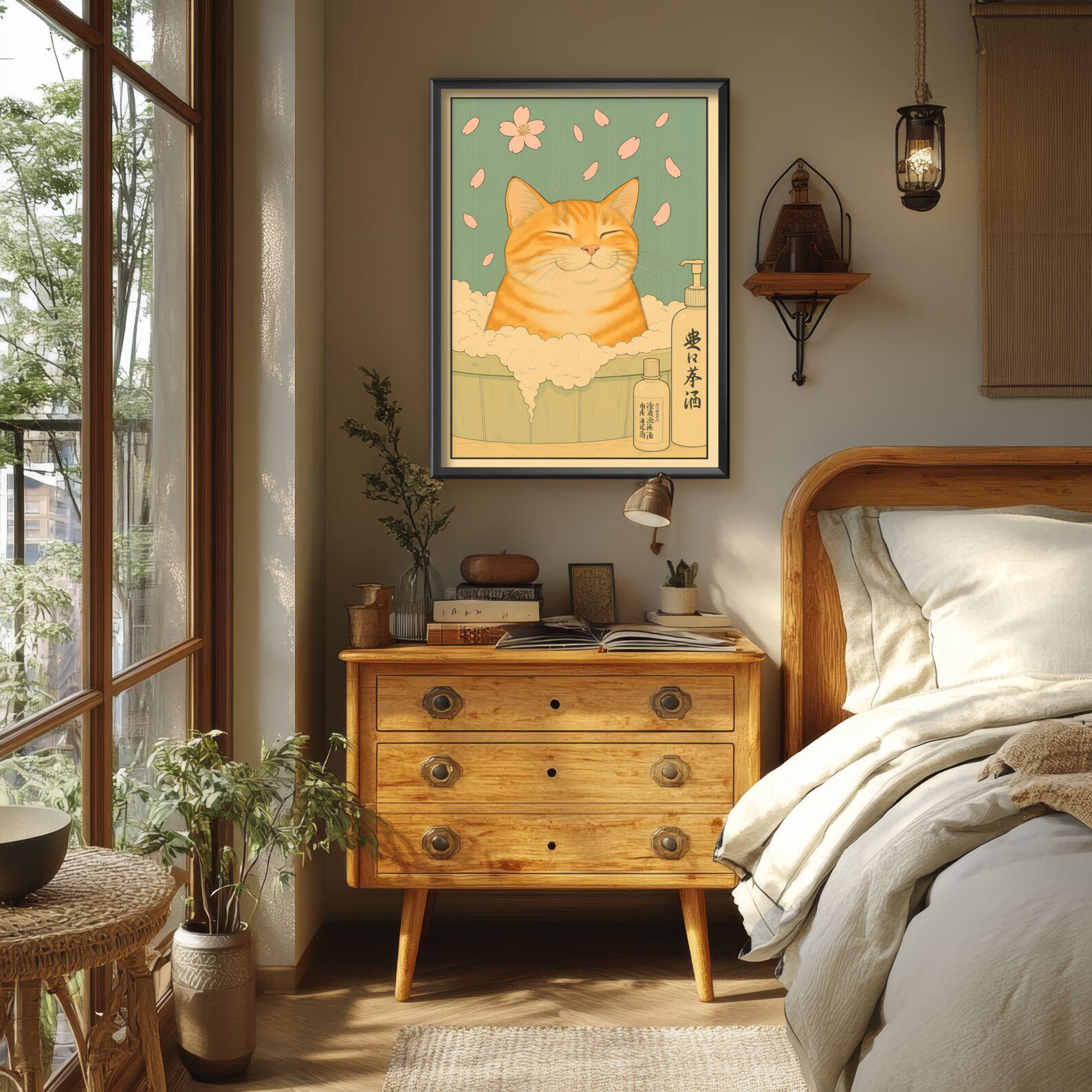 Funny Japanese Animal Tabby Cat Wall Art — Cute Ukiyo-e Style Print for ...