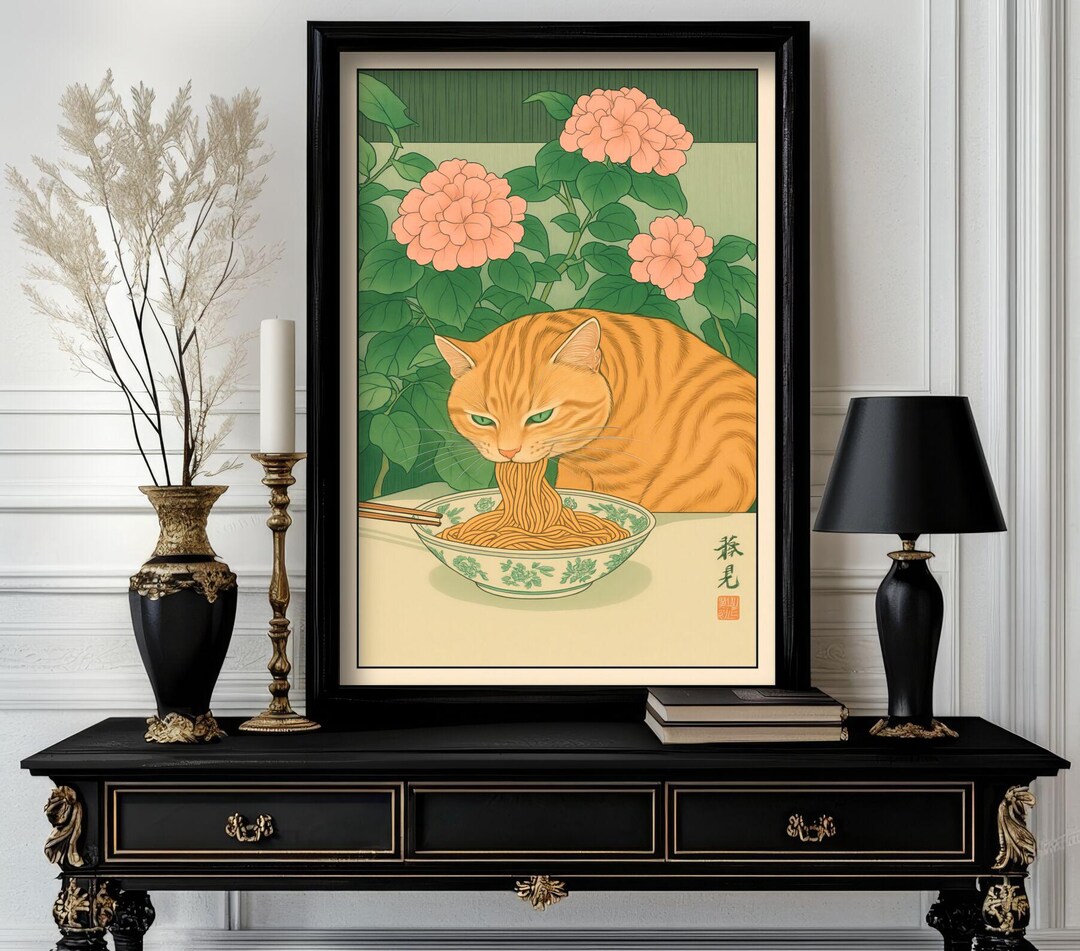 Funny Japanese Animal Tabby Cat Eating Noodles —cute Ukiyo-e Style ...