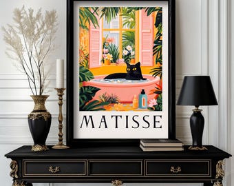 Schwarze Katze in Badewanne und Toilette Poster: Matisse Style Badezimmer Wandkunst.  Bunter Kunstdruck für Badezimmer oder Wohndekor (c014)