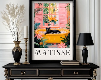 Schwarze Katze in Badewanne und Toilette Poster: Matisse Style Badezimmer Wandkunst.  Bunter moderner Druck für Badezimmer oder Wohndekor (c045)
