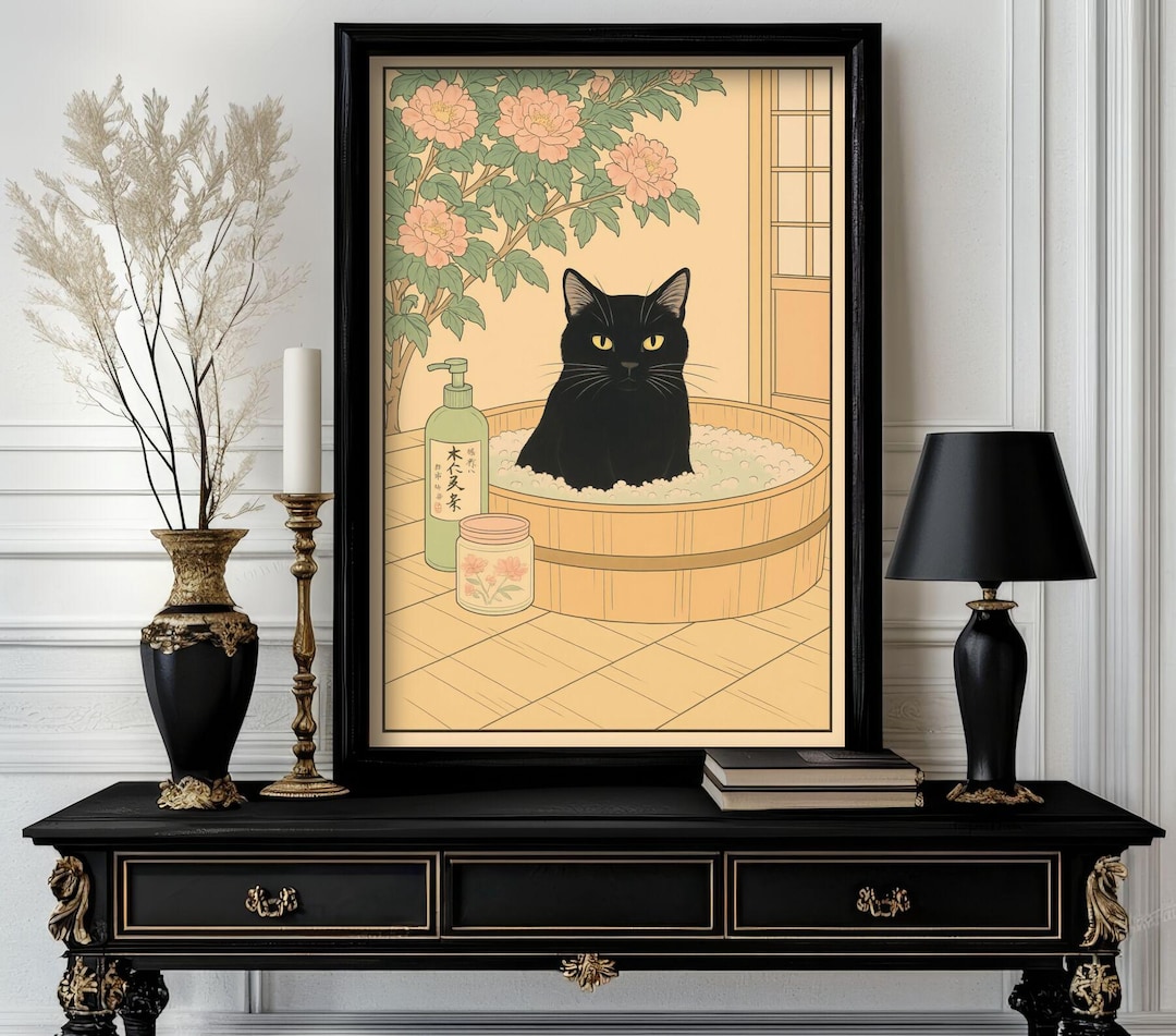 Funny Japanese Animal Black Cat Wall Art — Cute Ukiyo-e Style Print for ...