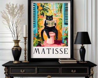 Schwarze Katze in Badewanne und Toilette Poster: Matisse Style Badezimmer Wandkunst.  Bunter moderner Druck für Badezimmer oder Wohndekor (c049)