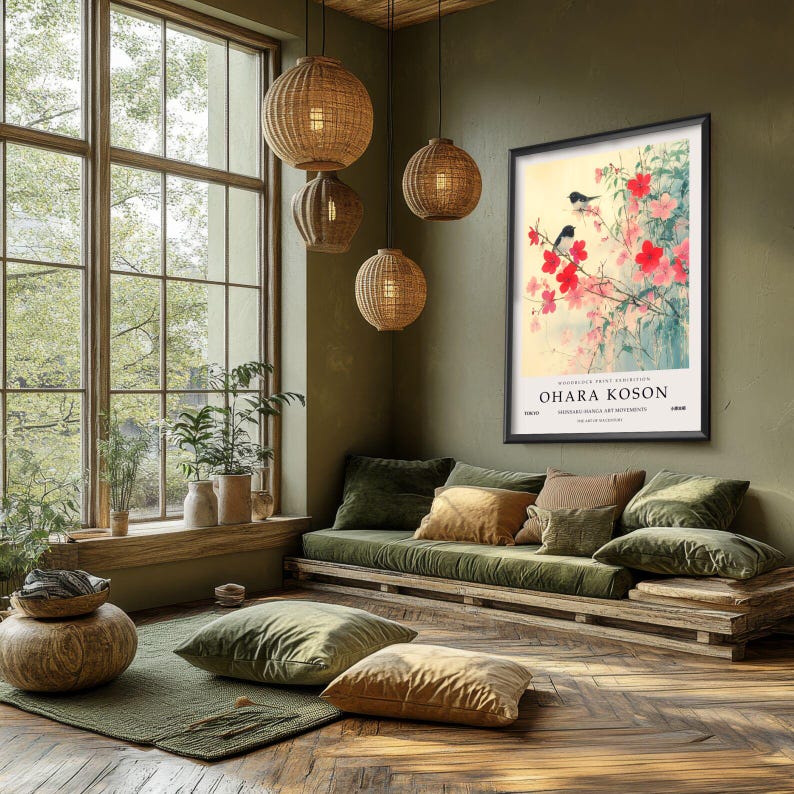 May include: A framed poster with a Japanese-style painting of pink flowers and black birds. The poster is titled "OHARA KOSON" and is from the Honolulu Academy of Arts.