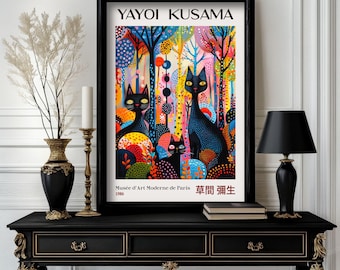 May include: A colorful poster featuring a black cat with a white face and a smaller black cat in a forest setting. The poster is titled "Yayoi Kusama" and includes the text "Musée d'Art Moderne de Paris 1986" and "草間彌生".