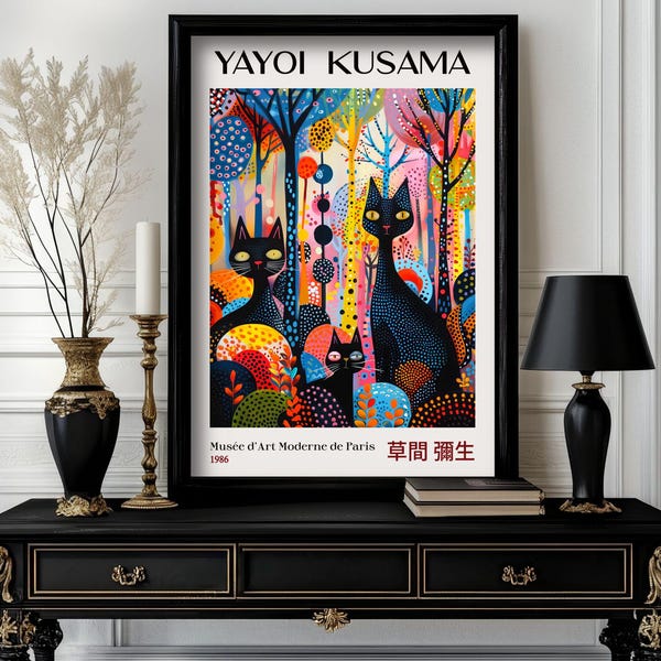 Yayoi Kusama Print Cat, Yayoi Kusama Exhibition Print, High quality poster, Yayoi Kusama Poster, Vintage Kusama Wall Art (k3_58)