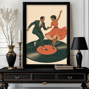 Dansend paar muurkunst print, paar dansers op plaat poster, op moderne muziek geïnspireerde illustratie voor thuisbar of woonkamer retro (D_16)
