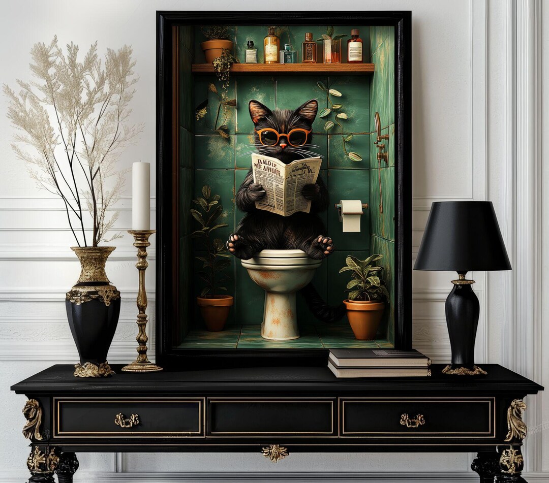 Funny Animals Print, Funny Black Cat Bathroom Wall Art Decor, Toilet ...