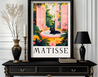 Schwarze Katze in Badewanne und Toilette Poster: Matisse Style Badezimmer Wandkunst.  Bunter Kunstdruck für Badezimmer oder Wohndekor (c016)