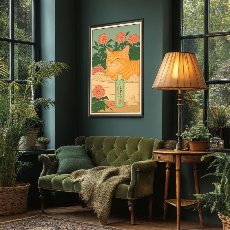 Funny Japanese Animal Tabby Cat Wall Art — Cute Ukiyo-e Style Print for ...