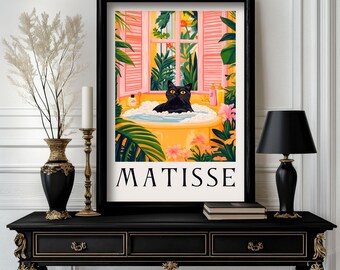 Schwarze Katze in Badewanne und Toilette Poster: Matisse Style Badezimmer Wandkunst.  Bunter Kunstdruck für Badezimmer oder Wohndekor (c015)