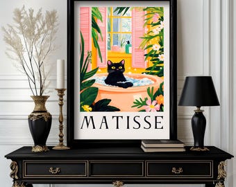 Schwarze Katze in Badewanne und Toilette Poster: Matisse Style Badezimmer Wandkunst.  Bunter moderner Druck für Badezimmer oder Wohndekor (c017)
