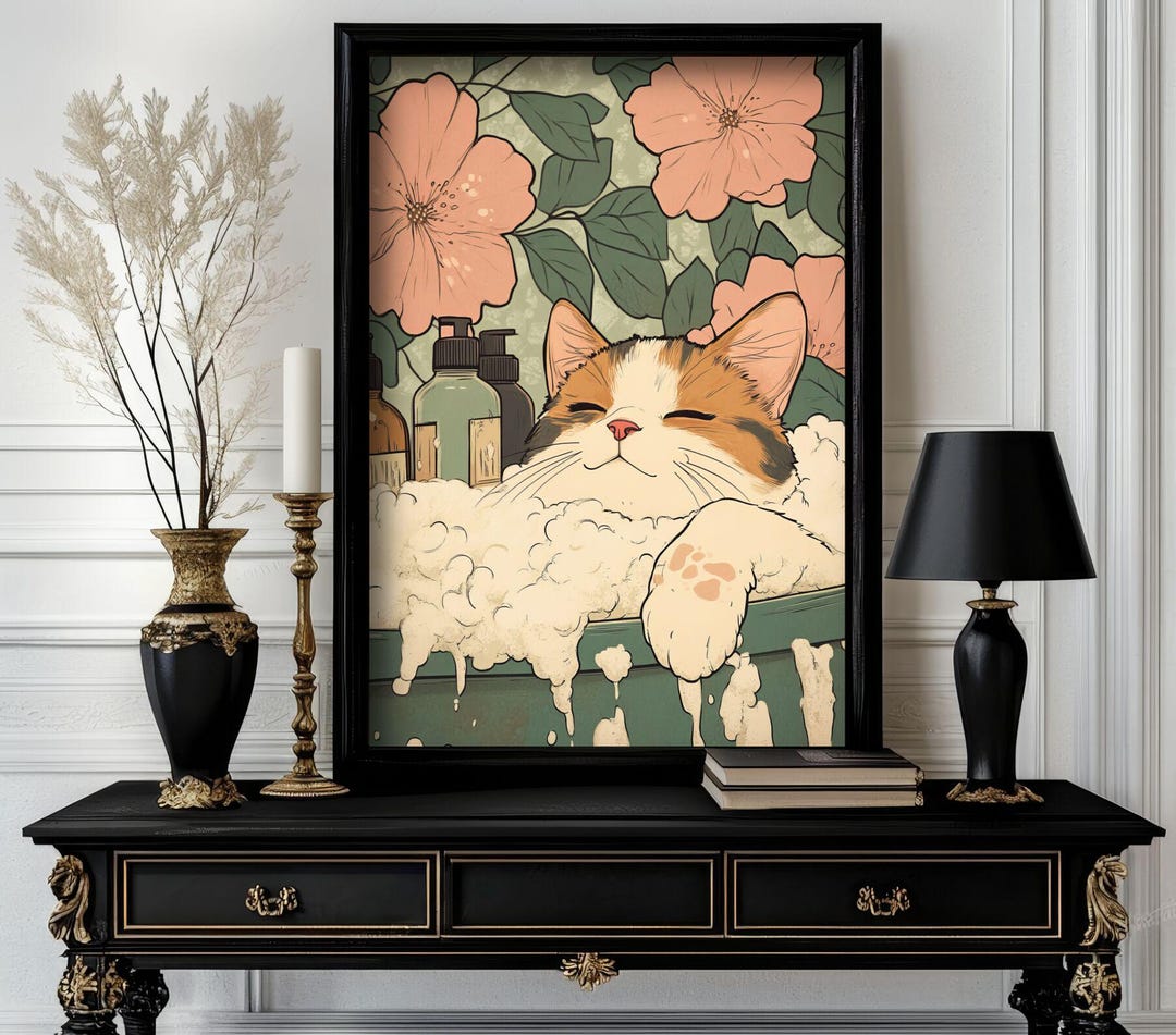 Funny Japanese Animal Cat Wall Art — Cute Ukiyo-e Style Print for ...