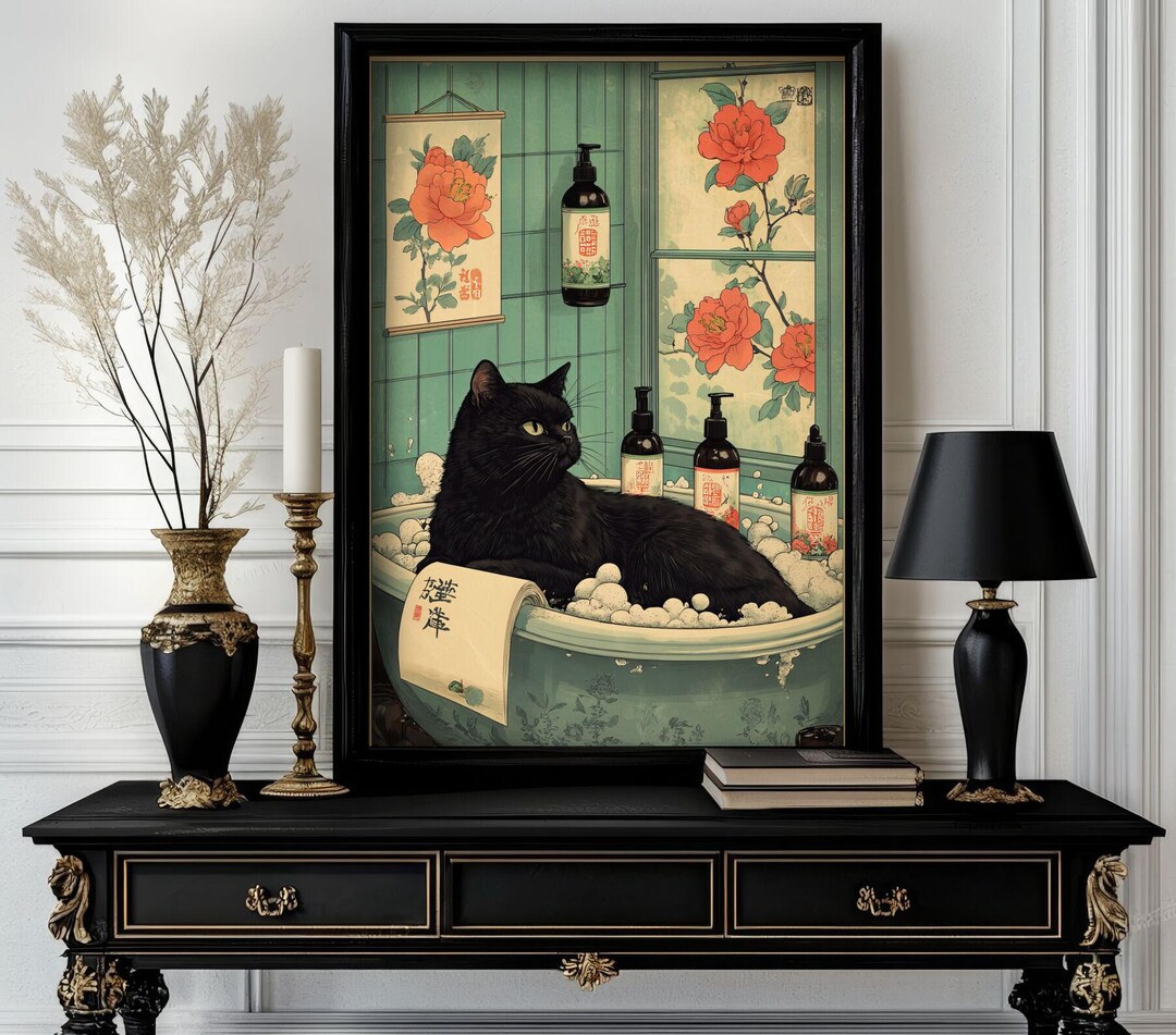 Funny Japanese Animal Cat Wall Art — Cute Ukiyo-e Style Print for ...
